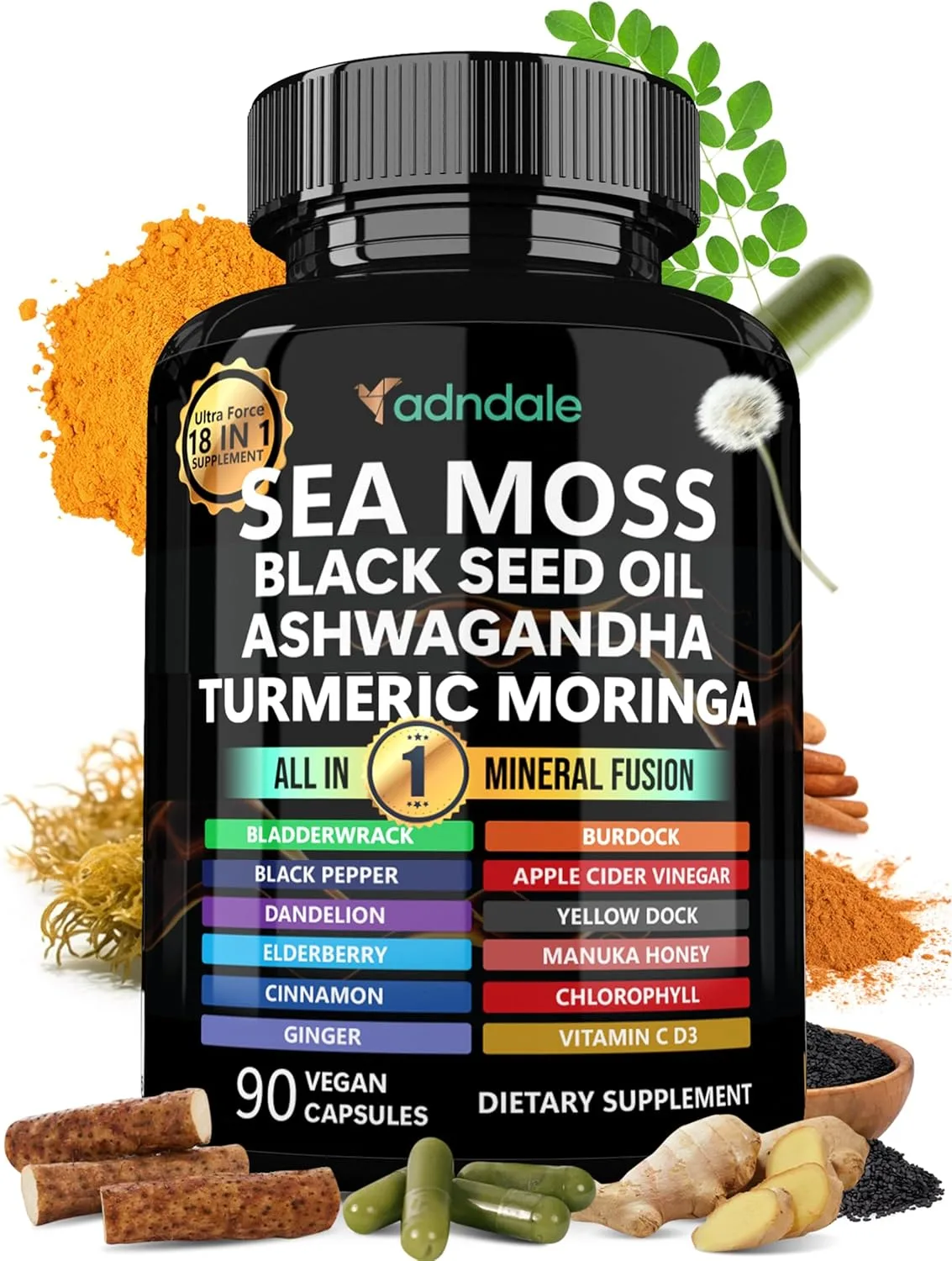 Adndale sea moss capsules container photographed against a plain background