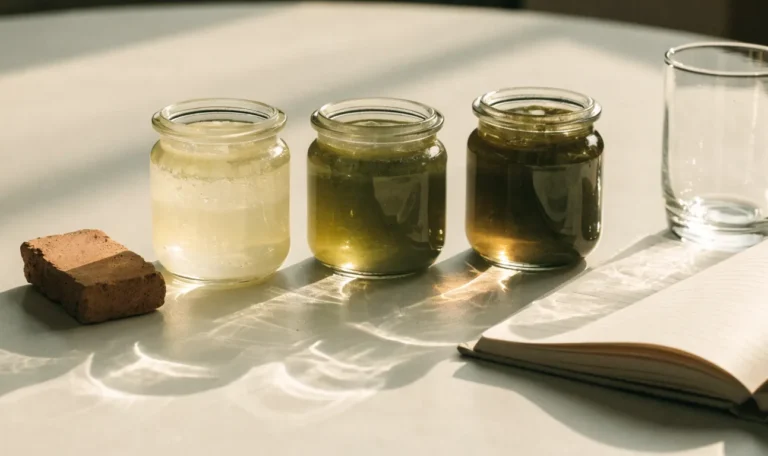 An unbranded flat lay comparing three plain glass jars of sea moss gel of different shades on a pale cream surface with a notebook, illustrating akeem pierre sea moss.