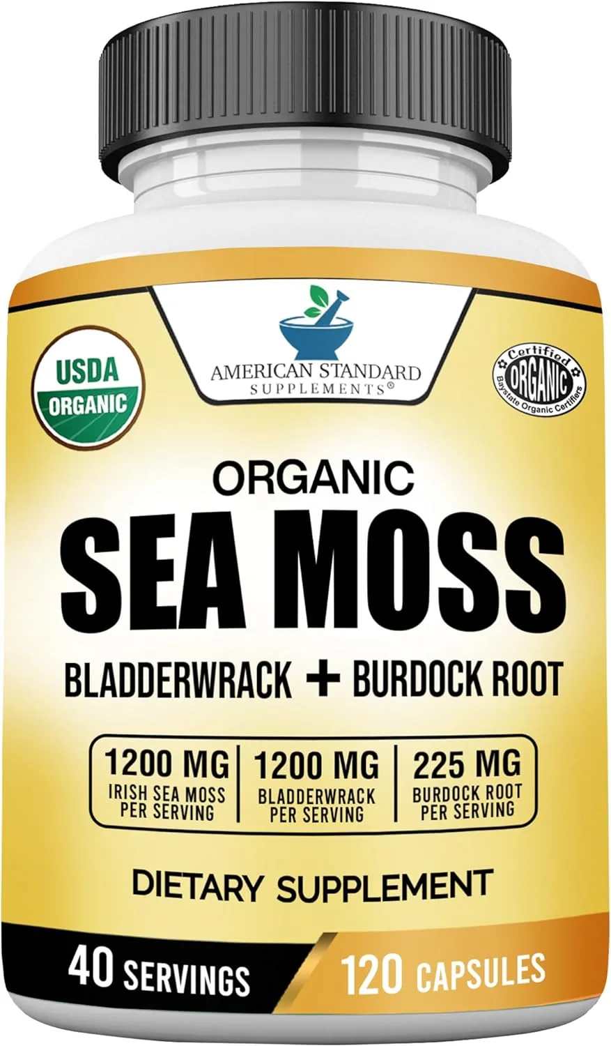 American Standard Supplements sea moss capsules container photographed against a plain background