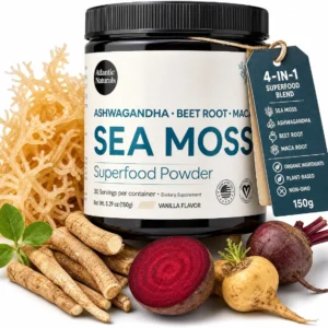 Atlantic Naturals sea moss powder container photographed against a plain background