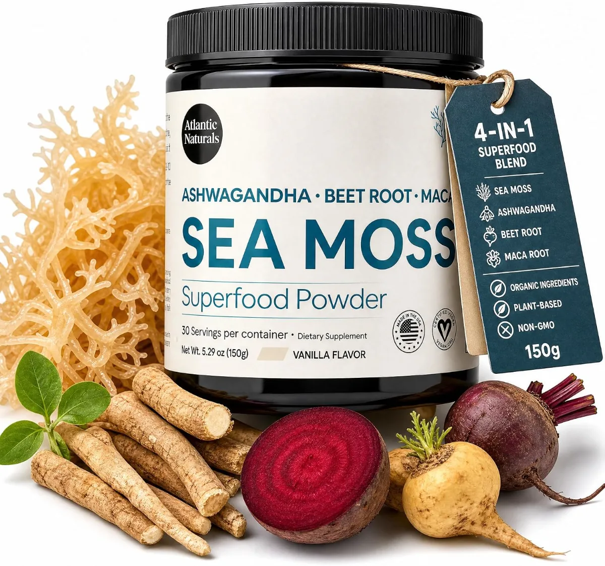 Atlantic Naturals sea moss powder container photographed against a plain background