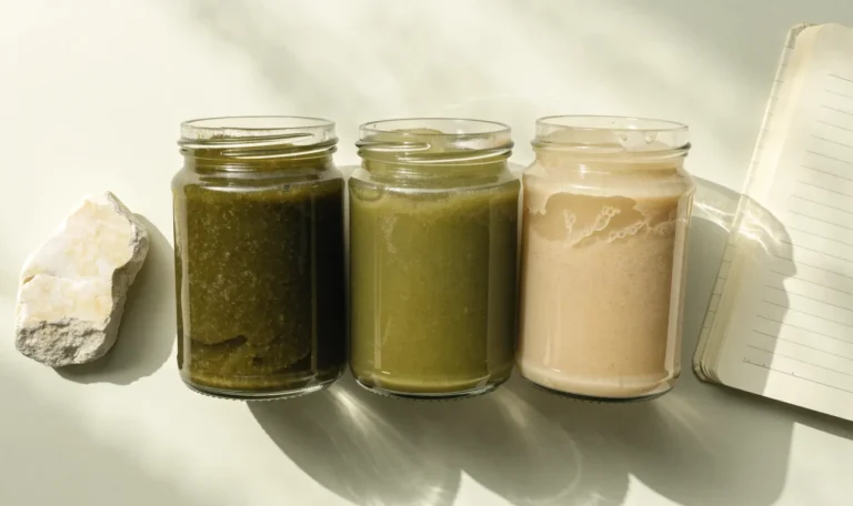 An unbranded flat lay comparing three plain glass jars of sea moss gel of different shades on a pale cream surface with a notebook, illustrating atlantic naturals sea moss.