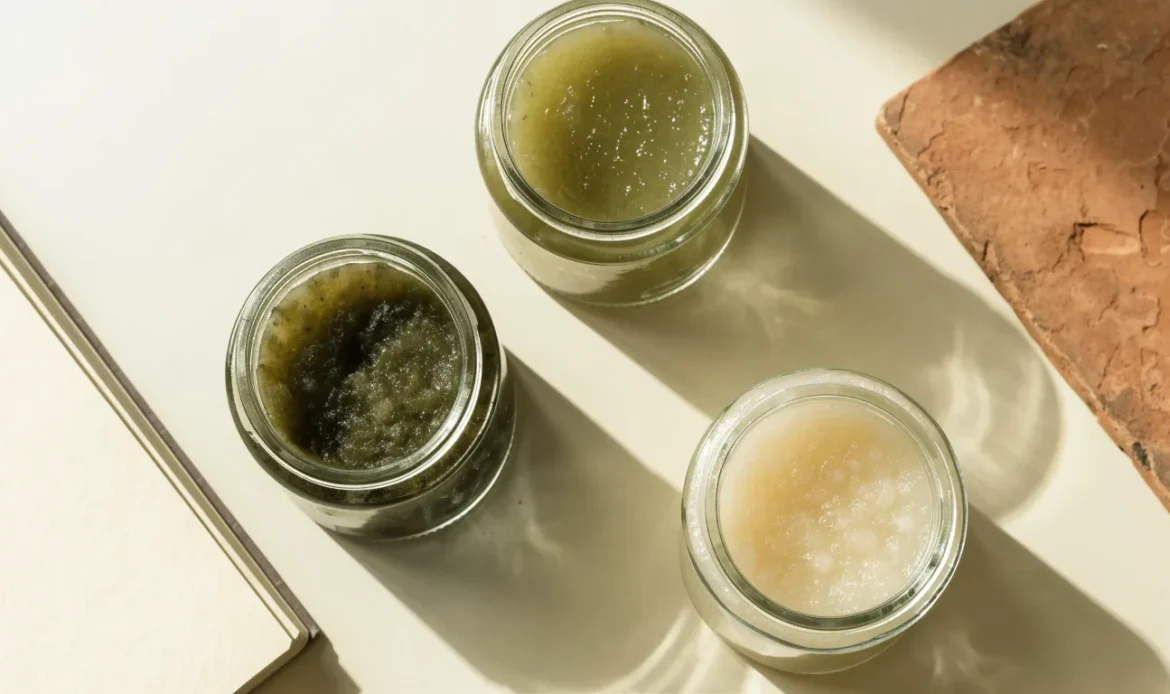 An unbranded flat lay comparing three plain glass jars of sea moss gel of different shades on a pale cream surface with a notebook, illustrating austin sea moss co.