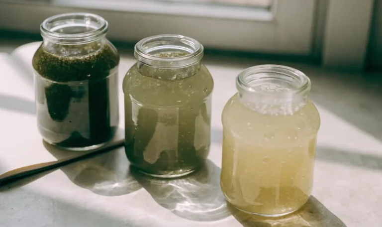 An unbranded flat lay comparing three plain glass jars of sea moss gel of different shades on a pale cream surface with a notebook, illustrating austin sea moss company.