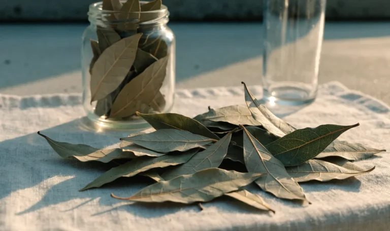 A scattered pile of dried West Indian bay leaves on a pale linen cloth with a small glass jar of whole leaves, illustrating bay leaf tea bags.
