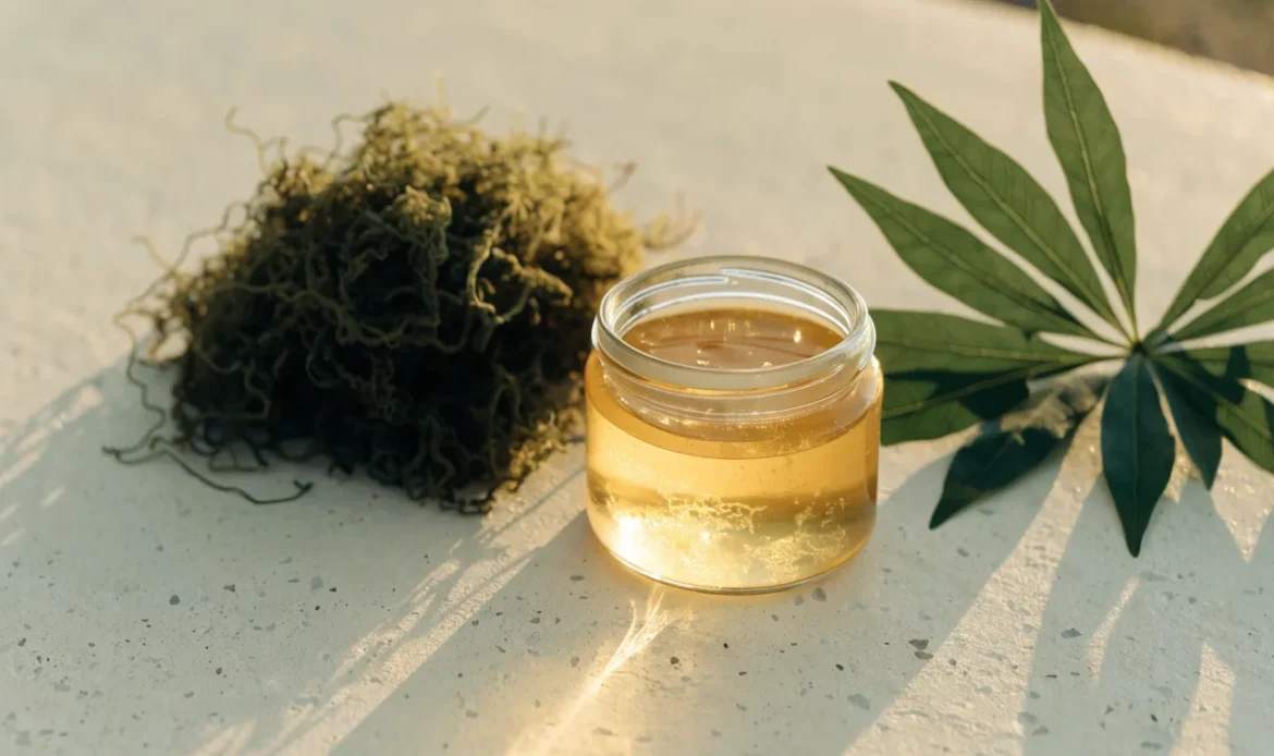 A still life of a glass jar of golden sea moss gel, a small pile of dried wildcrafted sea moss and fresh green leaves on a pale cream surface, illustrating benefits of eating sea moss.