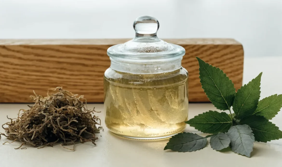 A still life of a glass jar of golden sea moss gel, a small pile of dried wildcrafted sea moss and fresh green leaves on a pale cream surface, illustrating best form of sea moss.