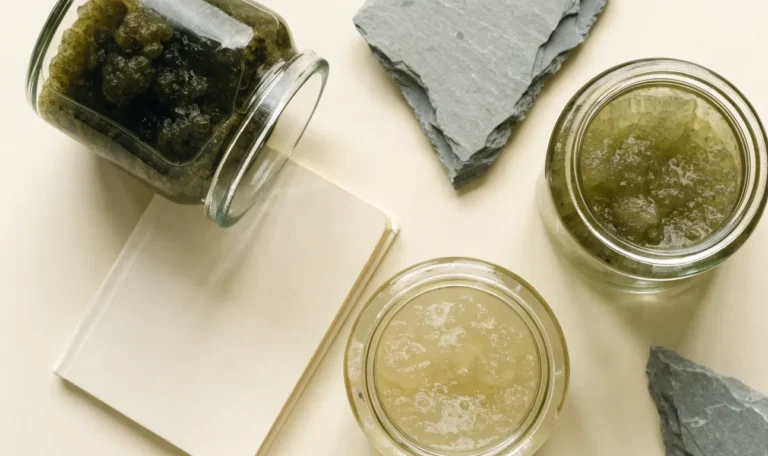 An unbranded flat lay comparing three plain glass jars of sea moss gel of different shades on a pale cream surface with a notebook, illustrating best sea moss brand.