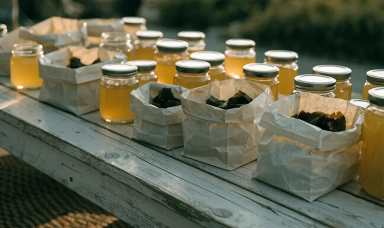 An unbranded market stall table of glass jars of golden gel and paper bags of dried seaweed under soft daylight, illustrating best sea moss to buy.