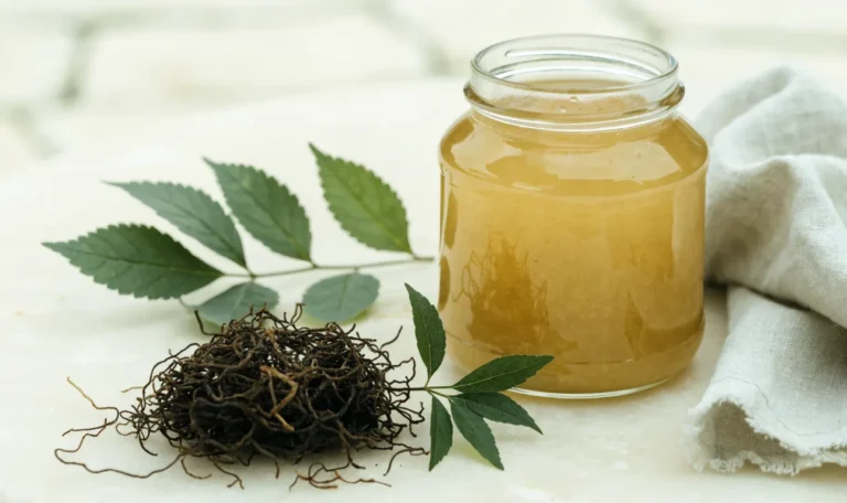 A still life of a glass jar of golden sea moss gel, a small pile of dried wildcrafted sea moss and fresh green leaves on a pale cream surface, illustrating best time to take sea moss.