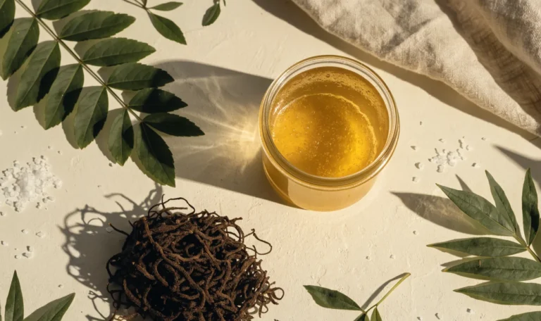 A still life of a glass jar of golden sea moss gel, a small pile of dried wildcrafted sea moss and fresh green leaves on a pale cream surface, illustrating best way to take sea moss.