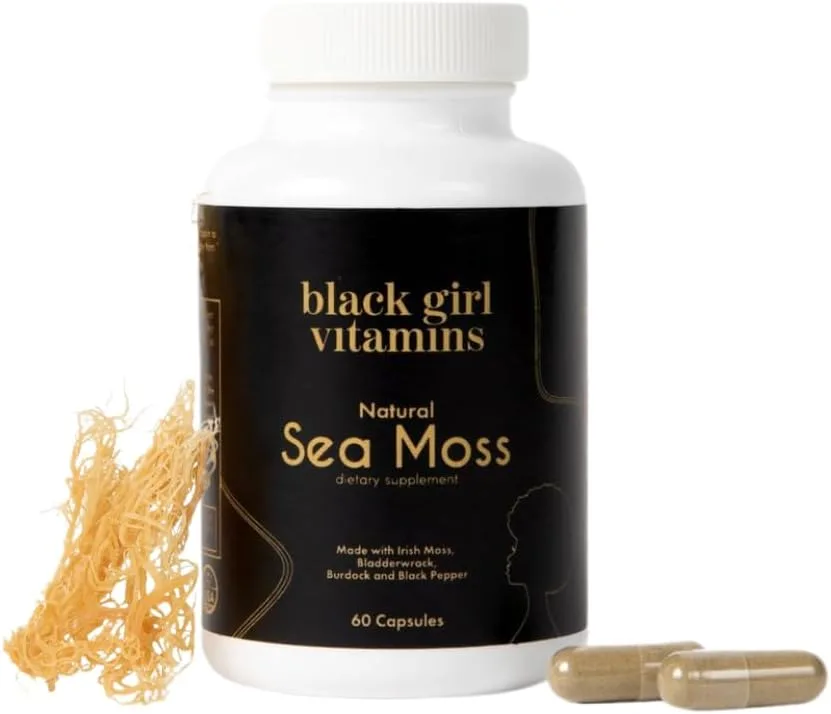 Black Girl Vitamins sea moss capsules container photographed against a plain background