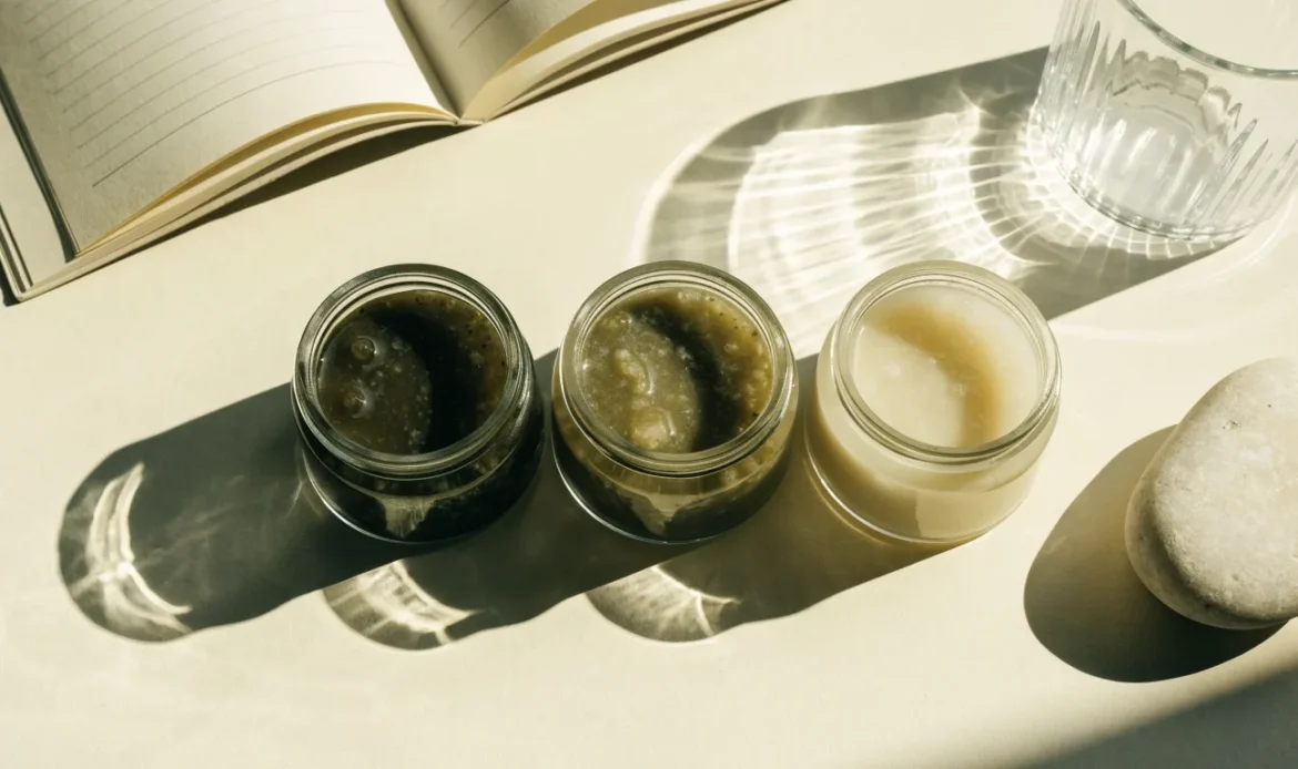 An unbranded flat lay comparing three plain glass jars of sea moss gel of different shades on a pale cream surface with a notebook, illustrating black owned sea moss company.