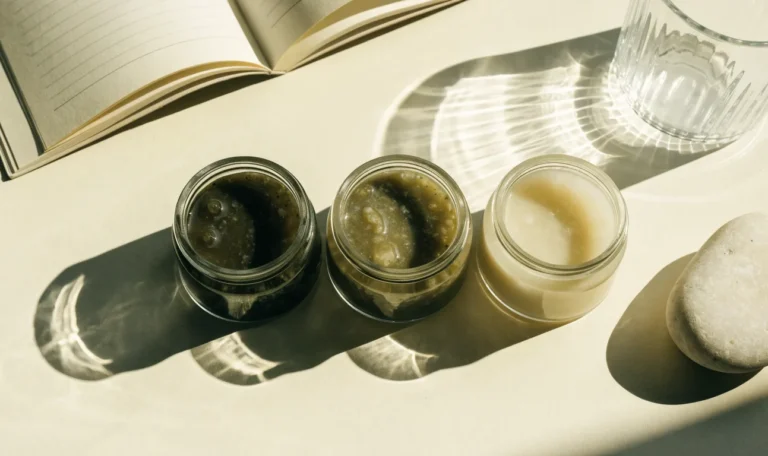 An unbranded flat lay comparing three plain glass jars of sea moss gel of different shades on a pale cream surface with a notebook, illustrating black owned sea moss company.