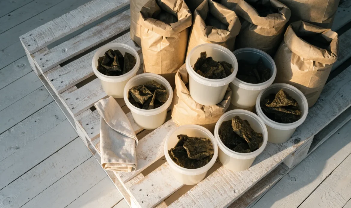 Stacked kraft sacks and sealed food-grade tubs of dried seaweed on a clean warehouse pallet, soft industrial daylight, illustrating bulk sea moss.