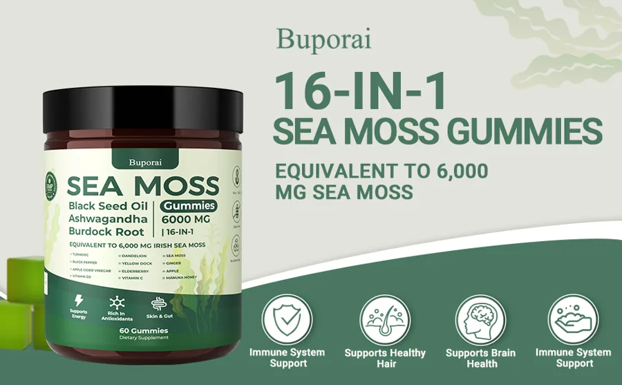Buporai sea moss gummies bottle photographed against a plain background
