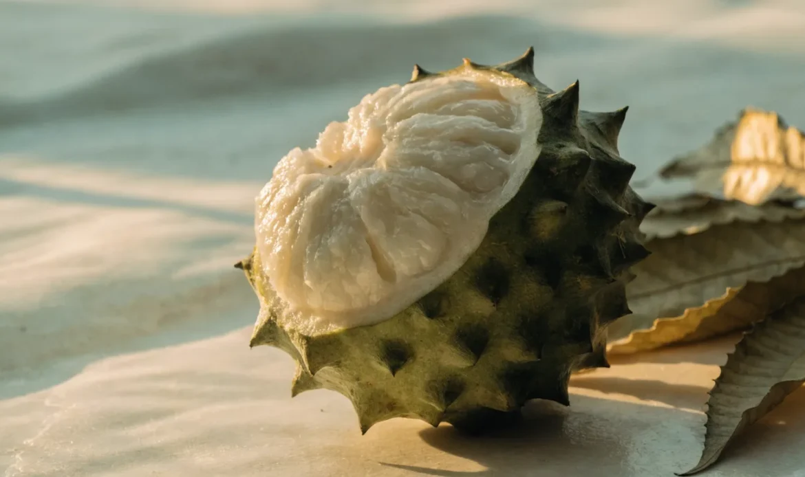 A whole green spiky soursop fruit cut open to show white flesh, with dried graviola leaves fanned beside it, illustrating buy graviola leaves.