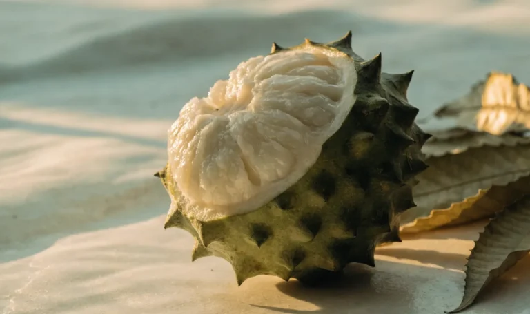 A whole green spiky soursop fruit cut open to show white flesh, with dried graviola leaves fanned beside it, illustrating buy graviola leaves.