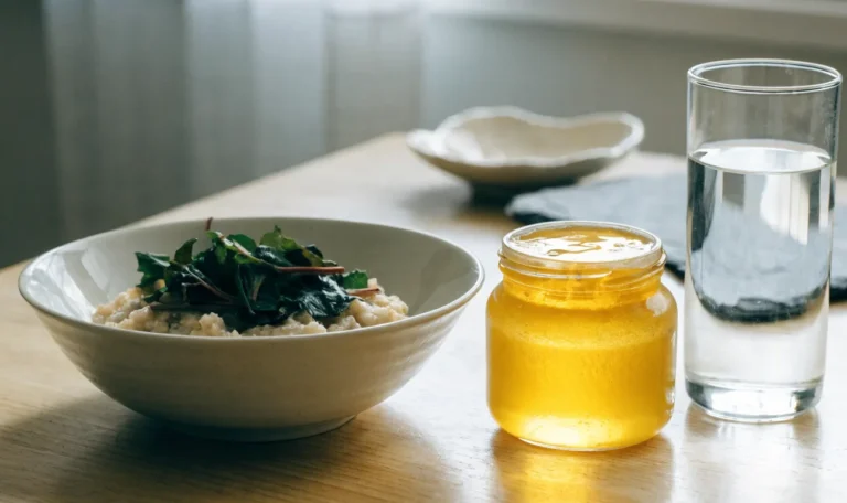 A simple bowl of oats and greens with a small jar of golden gel and a glass of water on a light wooden table, illustrating can sea moss cause diarrhea.