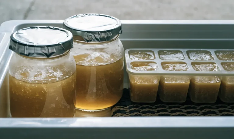Two sealed glass jars of frozen golden gel and a silicone cube tray of frozen portions in a bright white freezer drawer, illustrating can you freeze sea moss gel.
