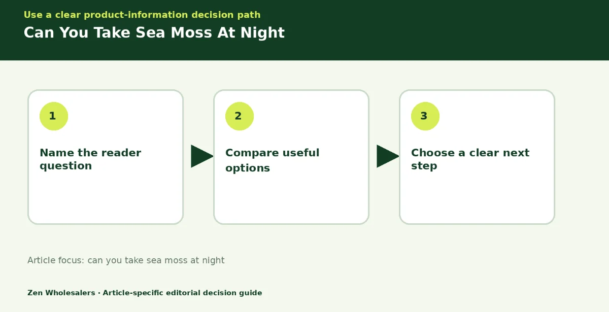 Decision guide diagram summarising can you take sea moss at night in three steps for Zenwholesalers readers