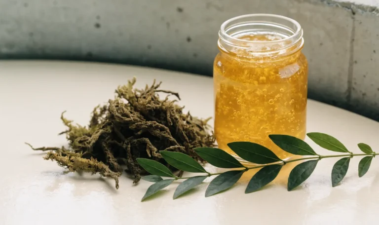 A still life of a glass jar of golden sea moss gel, a small pile of dried wildcrafted sea moss and fresh green leaves on a pale cream surface, illustrating can you take sea moss at night.
