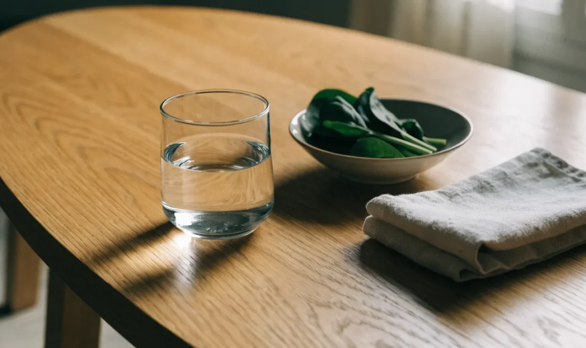 A calm still life of a glass of water, a small bowl of leafy greens and a folded linen napkin on a pale wooden table, soft window light, illustrating can you take sea moss while pregnant.