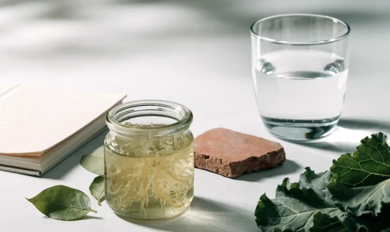 A clean flat lay of a small glass jar of sea moss gel, a notebook, a glass of water and fresh greens on a soft grey surface, illustrating can you take sea moss with thyroid medication.