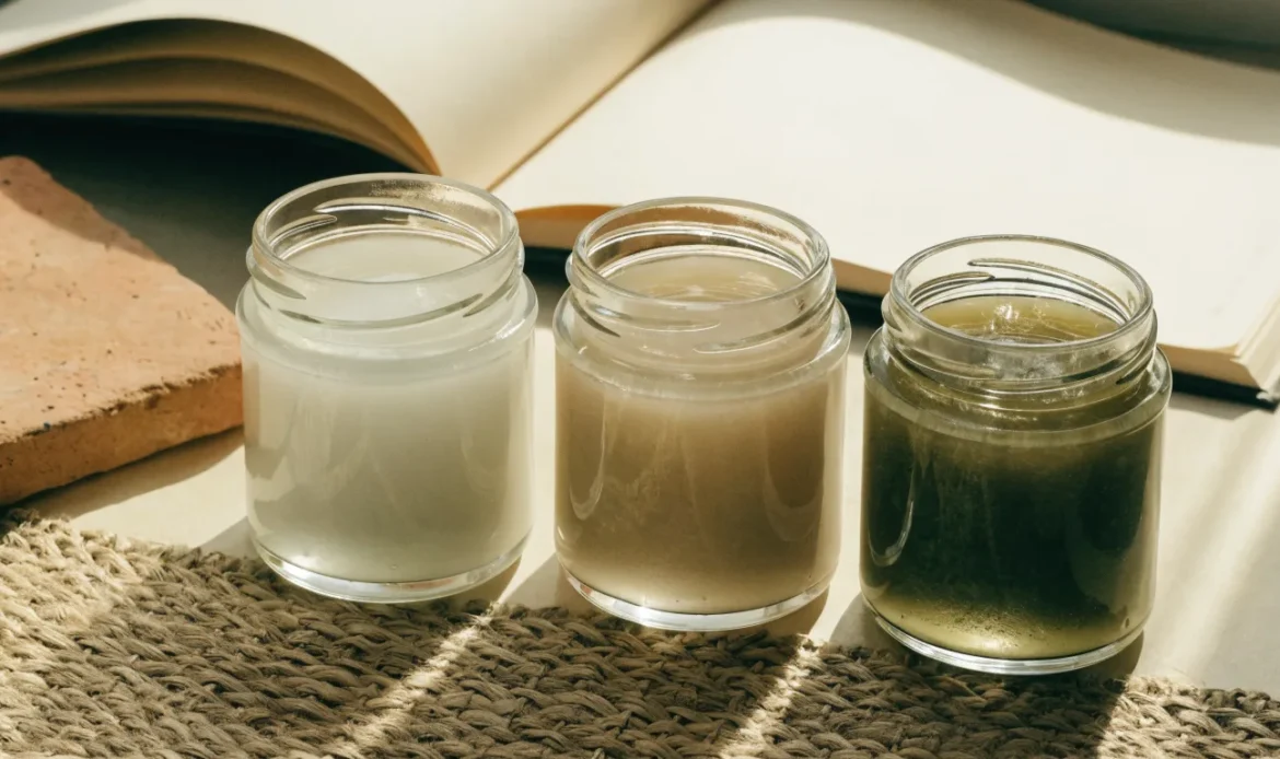 An unbranded flat lay comparing three plain glass jars of sea moss gel of different shades on a pale cream surface with a notebook, illustrating cardinal green sea moss.