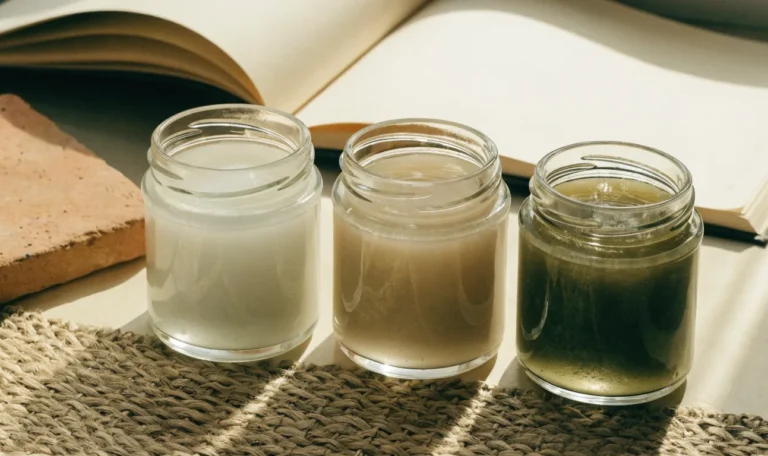 An unbranded flat lay comparing three plain glass jars of sea moss gel of different shades on a pale cream surface with a notebook, illustrating cardinal green sea moss.