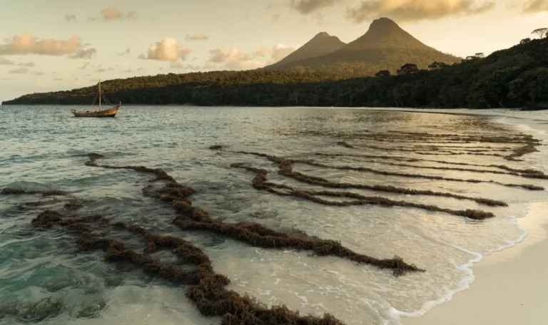 Turquoise Caribbean shallows with floating rope lines of wild sea moss, a small wooden boat, twin volcanic peaks and rainforest on the horizon, illustrating caribbean natural sea moss.