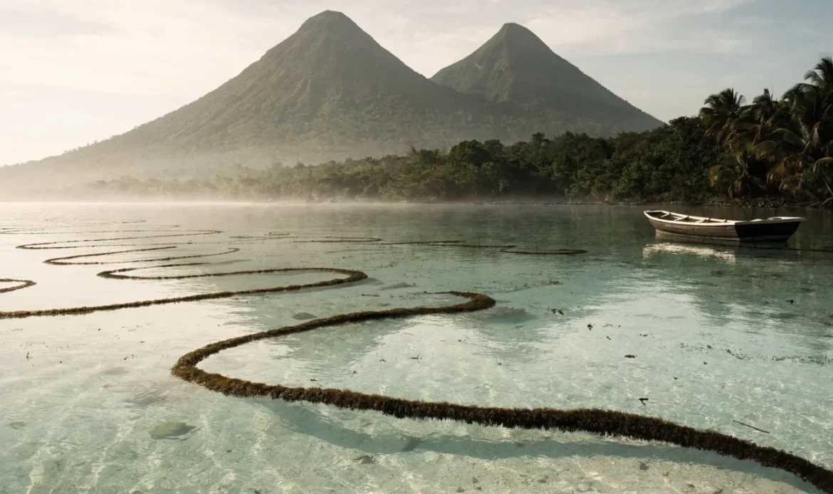 Turquoise Caribbean shallows with floating rope lines of wild sea moss, a small wooden boat, twin volcanic peaks and rainforest on the horizon, illustrating caribbean sea moss.