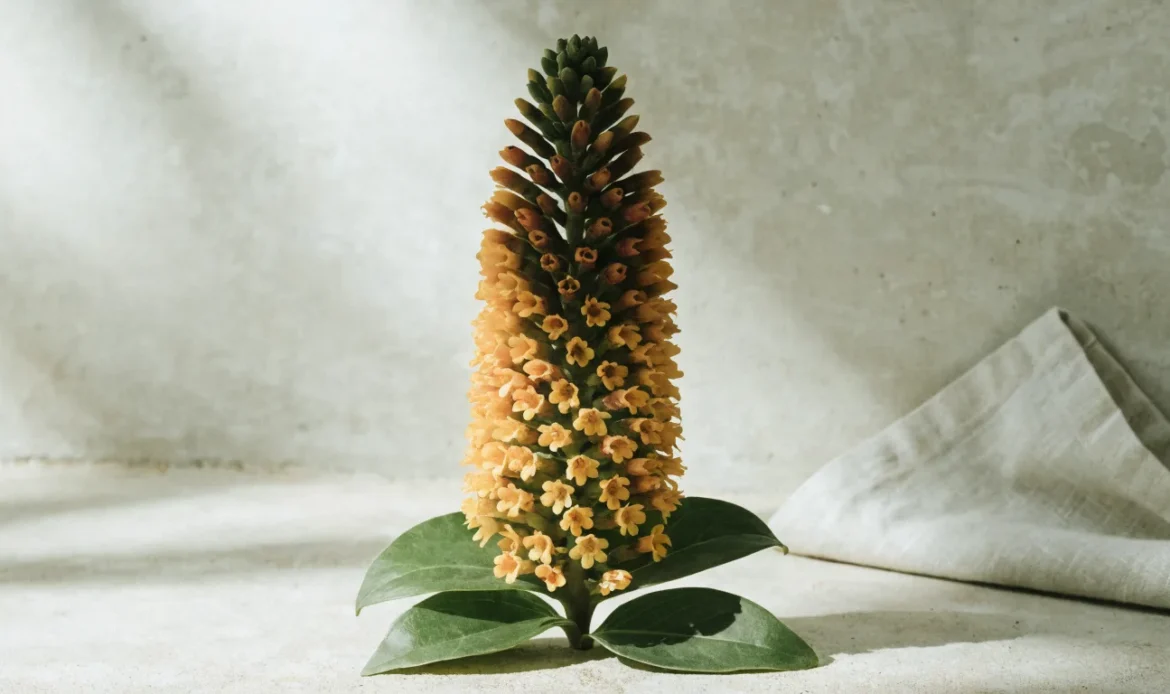Tall upright yellow-orange candle bush flower spikes and broad paired green leaves growing in warm tropical daylight, illustrating cassia alata.