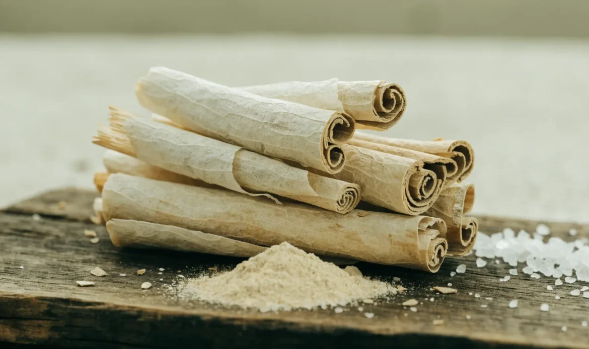 A loose bundle of pale, fragile, many-layered Ceylon cinnamon quills on a rustic wooden board with a small heap of ground cinnamon, illustrating celine cinnamon.