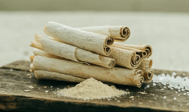 A loose bundle of pale, fragile, many-layered Ceylon cinnamon quills on a rustic wooden board with a small heap of ground cinnamon, illustrating celine cinnamon.