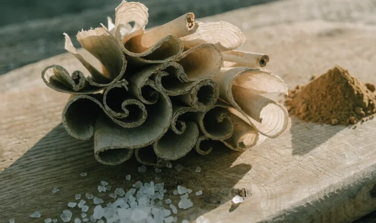A loose bundle of pale, fragile, many-layered Ceylon cinnamon quills on a rustic wooden board with a small heap of ground cinnamon, illustrating celon cinnamon.