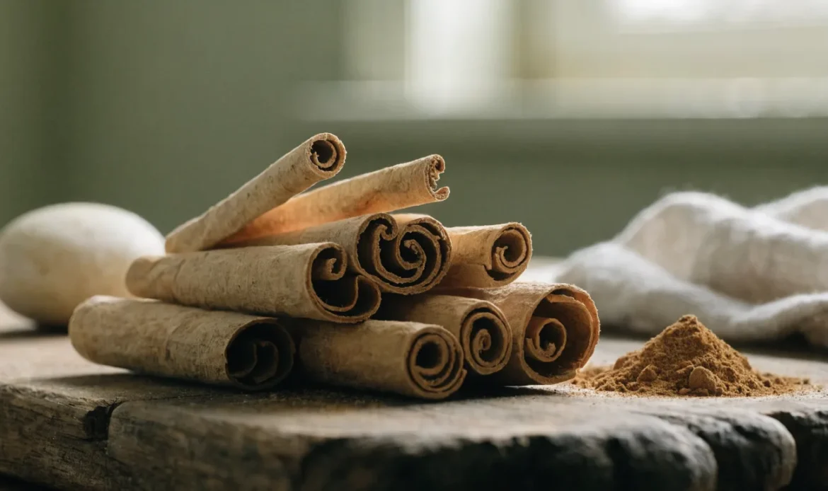 A loose bundle of pale, fragile, many-layered Ceylon cinnamon quills on a rustic wooden board with a small heap of ground cinnamon, illustrating cerulean cinnamon.