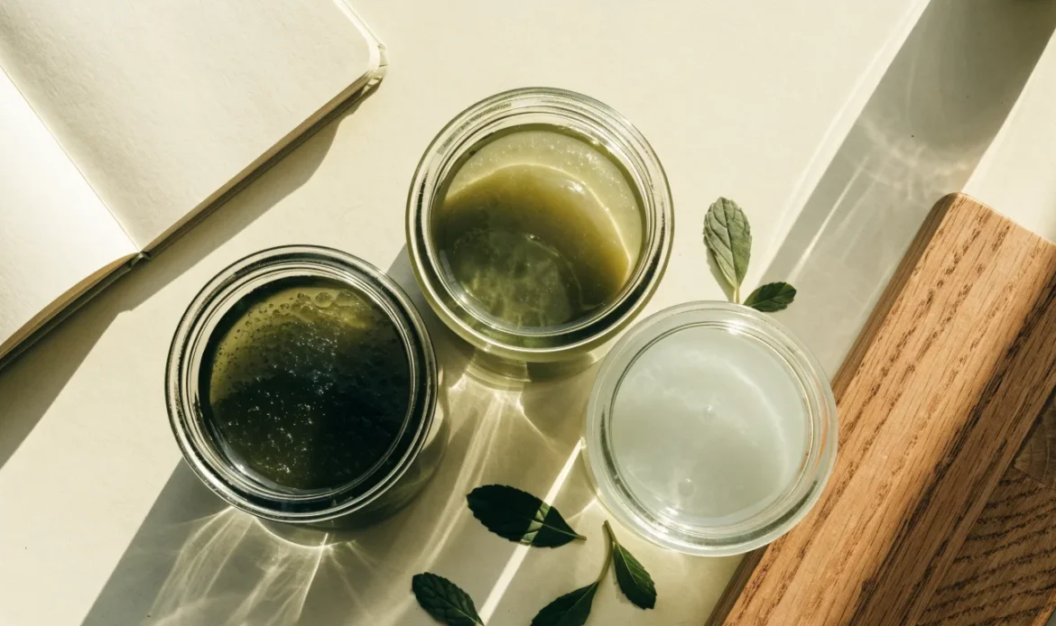 An unbranded flat lay comparing three plain glass jars of sea moss gel of different shades on a pale cream surface with a notebook, illustrating cgi sea moss.