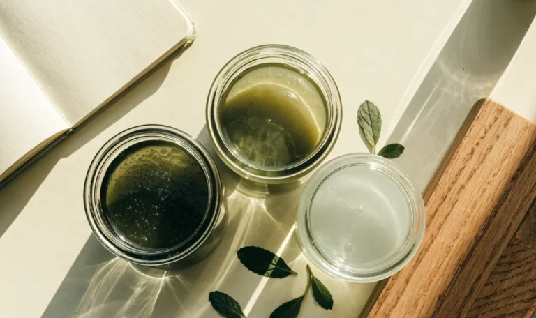 An unbranded flat lay comparing three plain glass jars of sea moss gel of different shades on a pale cream surface with a notebook, illustrating cgi sea moss.