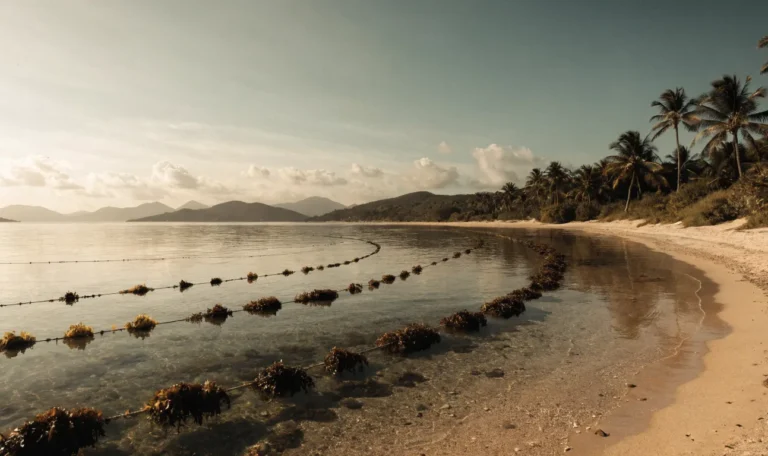 A wide calm tropical coastline with rope lines of cultivated seaweed floating in clear shallow water at golden hour, illustrating chinese sea moss.