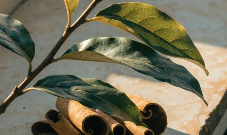 Glossy green cinnamon tree leaves on a branch in tropical daylight, a few dried cinnamon quills resting below, illustrating cinnamon leaf.