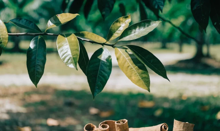 Glossy green cinnamon tree leaves on a branch in tropical daylight, a few dried cinnamon quills resting below, illustrating cinnamon leaves.