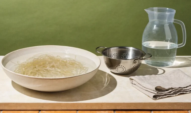 A wide bowl of water with rehydrating pale seaweed strands beside a colander and a jug of clean water on a bright counter, illustrating cleaning sea moss.