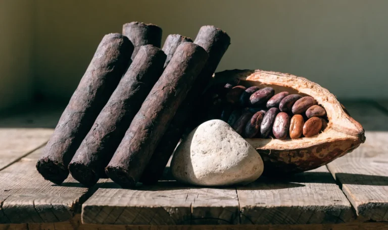 Hand-rolled Caribbean cocoa sticks and a split cocoa pod with glossy beans on a rough wooden table, illustrating cocoa stick.