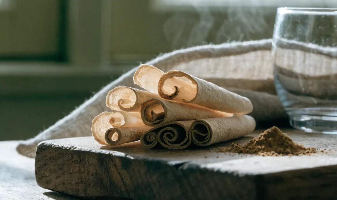 A loose bundle of pale, fragile, many-layered Ceylon cinnamon quills on a rustic wooden board with a small heap of ground cinnamon, illustrating cyan cinnamon.