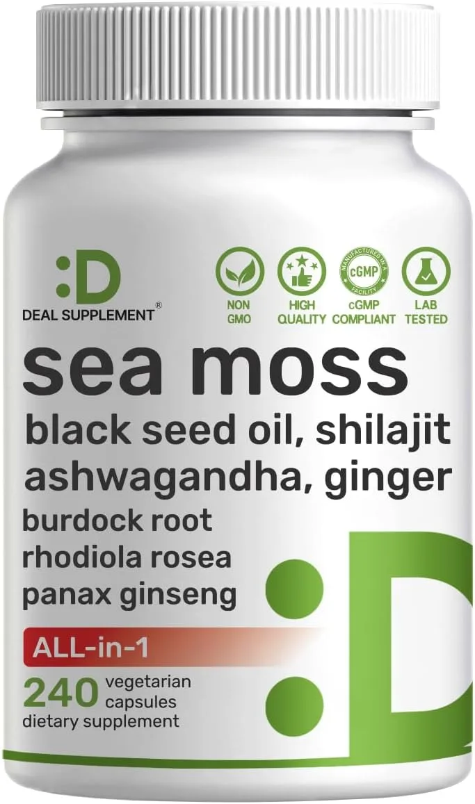 DEAL SUPPLEMENT sea moss capsules container photographed against a plain background