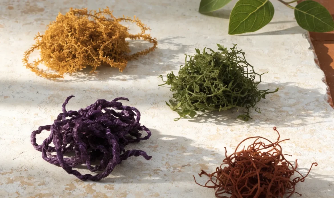 An overhead arrangement of four small piles of dried sea moss in gold, purple, green and reddish shades on a cream stone surface, illustrating different types of sea moss.