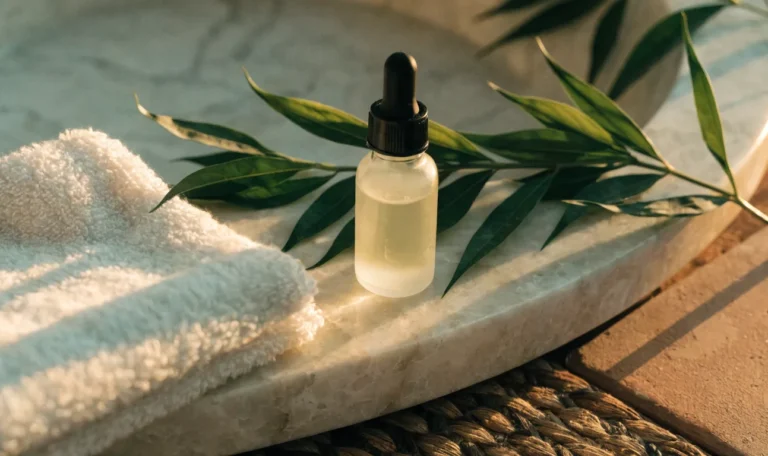 A close still life of a glass dropper bottle, a folded soft towel and fresh green leaves on a pale stone bathroom surface, illustrating does sea moss have collagen.