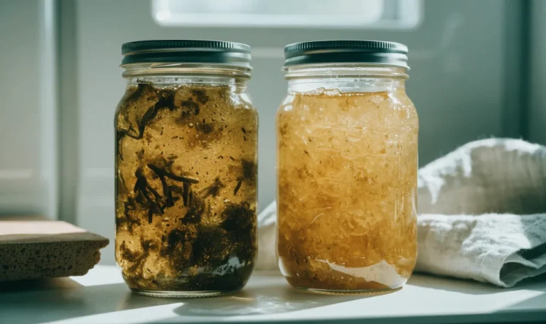 Two sealed glass mason jars of golden sea moss gel on a cool white refrigerator shelf, condensation on the glass, illustrating does sea moss have to be refrigerated.