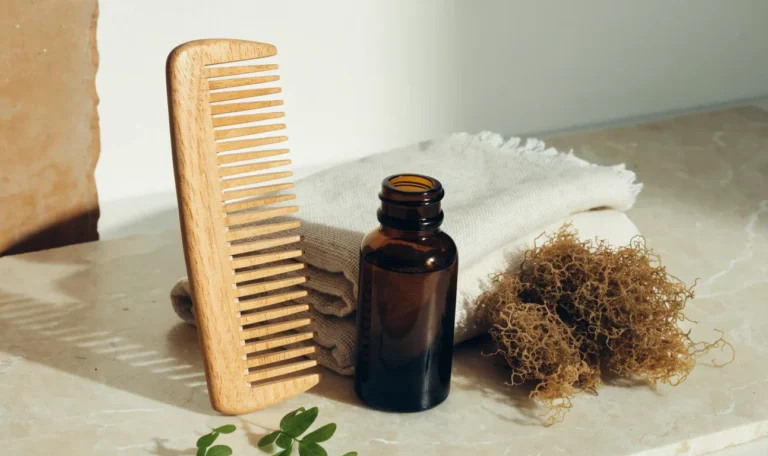 A wide-tooth wooden comb, a folded linen towel and an unlabelled amber oil bottle on a pale stone surface, dried sea moss beside them, illustrating does sea moss help hair grow.